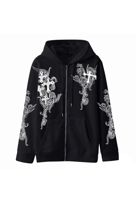 Womens Fashion Hoodies Zip Up Long Sleeve Cross Print Hooded Sweatshirt Casual Fall Jacket Winter Clothes
