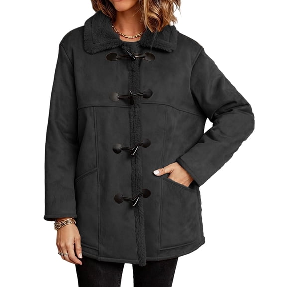 Womens Fashion Horn Button Fleece Thicken Coat with Hood Winter Warm Jacket