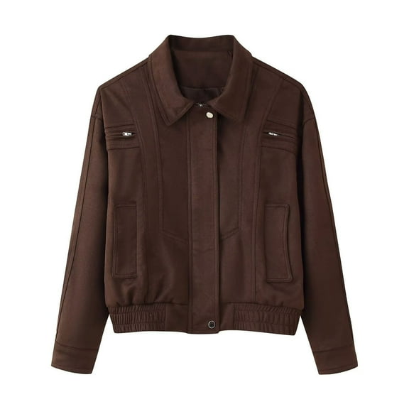 Womens Fashion Jackets Faux Suede Moto Vintage Zipper Coat Lapel Collar Bomber Jacket Outwear with Multi Pockets (M, Coffee)