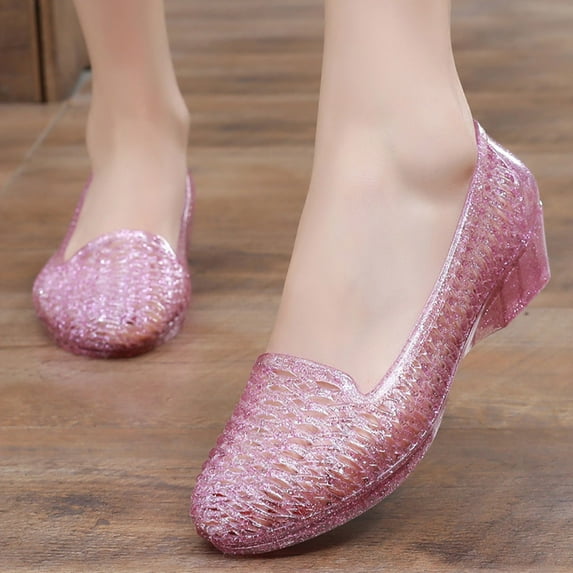 Womens Fashion Jelly Sandals Shoes Women's Beach Jelly Shoes Slip On Crystal Summer Soft Hollow Ballet Flats