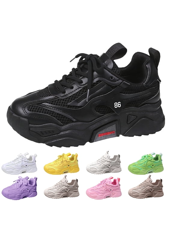 Womens Fashion Lace-Up Leather Platform Sneakers Round Toe Non-Slip Chunky Casual Sport Shoes for Walking Workout Driving