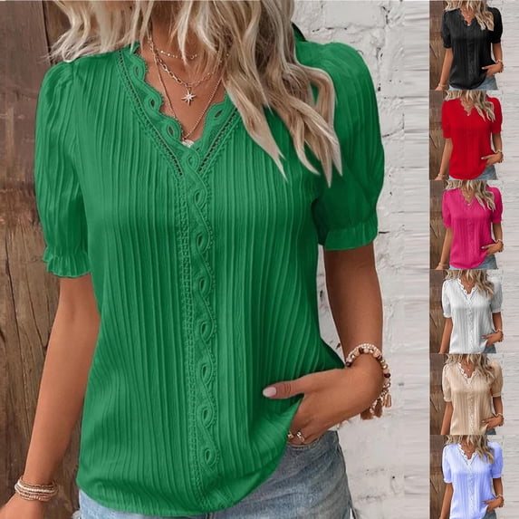Womens Fashion Lace V Neck Elegant Shirt Short Sleeve Comfortable Soft Plain Blouse