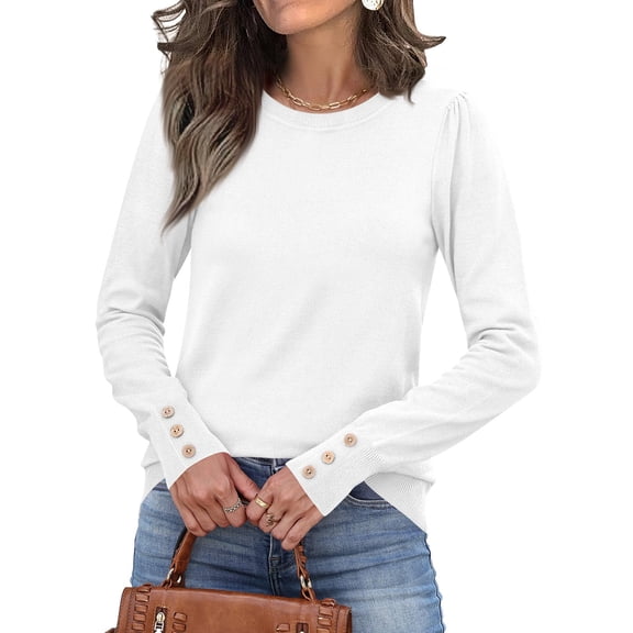 Womens Fashion Long Sleeve Button Cuff Soft Knit Pullover Trendy Tops Solid Color Gallery Opening Blouse - Sophisticated Casual Top for Cultural Events and Museum Visits White-M