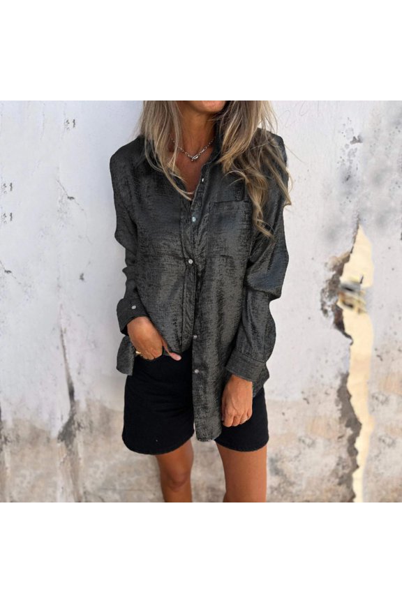 Womens Fashion Long Sleeve Pocket Button Tee Casual Popular Blouse Tops Scrub T Shirts for Women Tee for Women Pants for Women Ladies Top Ts 453u T Shirt Pack for Women Women's Woman Women Button down