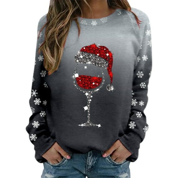 Womens Fashion Merry Christmas Print O Neck Sweatshirt Round Neck Fit Pullover Tops Casual Long Sleeve Workout Shirts Loose Blouse