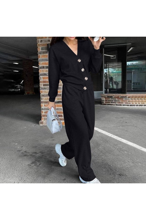 Womens Fashion New Casual Loose Sports Suit Cardigan Button Top Drawstring Pants Set Sleek Casual Wear