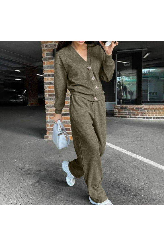 Womens Fashion New Casual Loose Sports Suit Cardigan Button Top Drawstring Pants Set Sleek Casual Wear