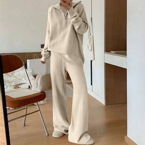 Womens Fashion New Fashion Casual Solid Color Knitted Set Casual Top and Pants Two-piece Set All-Day Comfort Attire