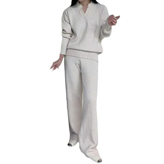 Womens Fashion New Fashion Casual Solid Color Knitted Set Casual Top and Pants Two-piece Set All-Day Comfort Attire