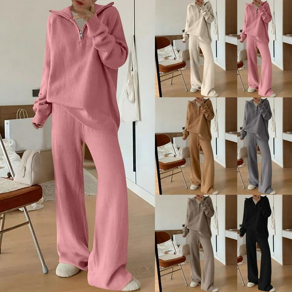 Womens Fashion New Fashion Casual Solid Color Knitted Set Casual Top and Pants Two-piece Set All-Day Comfort Attire