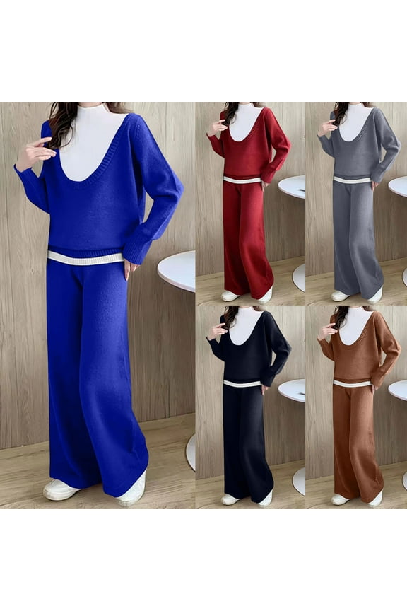 Womens Fashion New Fashion Casual Solid Color Knitted Set Casual Top and Pants Two-piece Set Sleek Casual Wear