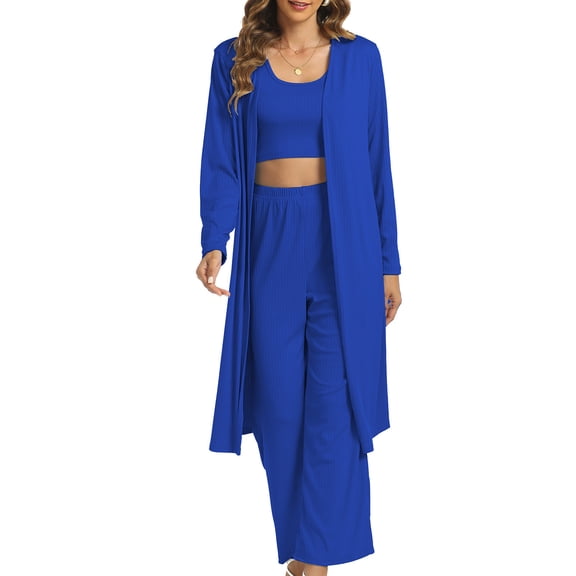 Womens Fashion New Loose Casual Solid Color Long Sleeved Pants Tank Three Piece Set Sleek Casual Wear