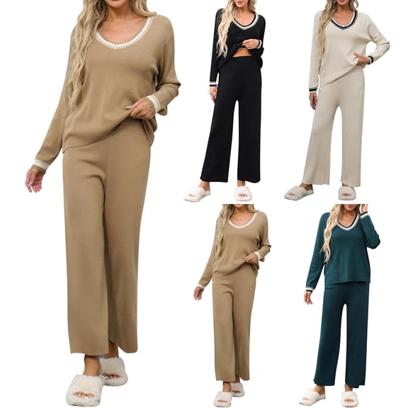 Womens Fashion New New and Winter Sweater Loose Casual Long Sleeved Wide Leg Pants Knitted Two-piece Set Long Sleeved V-neck Top/shirt Set All-Day Comfort Attire