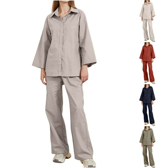 Womens Fashion New Solid Color Classic Versatile Casual Long Sleeved Pants Two-piece Set with Long Sleeved V-neck Top/shirt Set Sleek Casual Wear