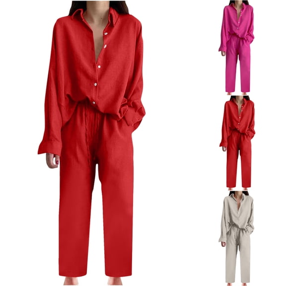 Womens Fashion New Solid Color Round Neck Long Sleeve Tops and Pants Sets with Pockets Trendsetting Women's Apparel