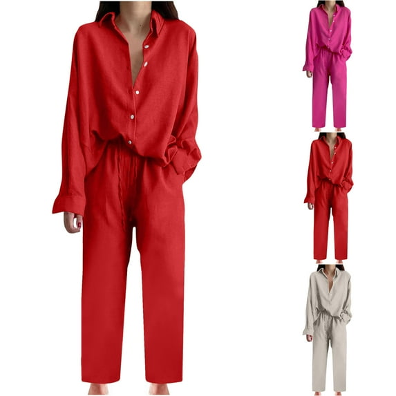 Womens Fashion New Solid Color Round Neck Long Sleeve Tops and Pants Sets with Pockets Trendsetting Women's Apparel