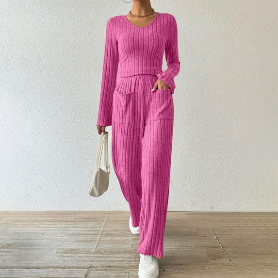 Womens Fashion New Solid Color V-neck Top+Long Pants Set with Pockets Casual Stripe Home Clothes Two-piece Set Long Sleeved V-neck Top Set All-Day Comfort Attire