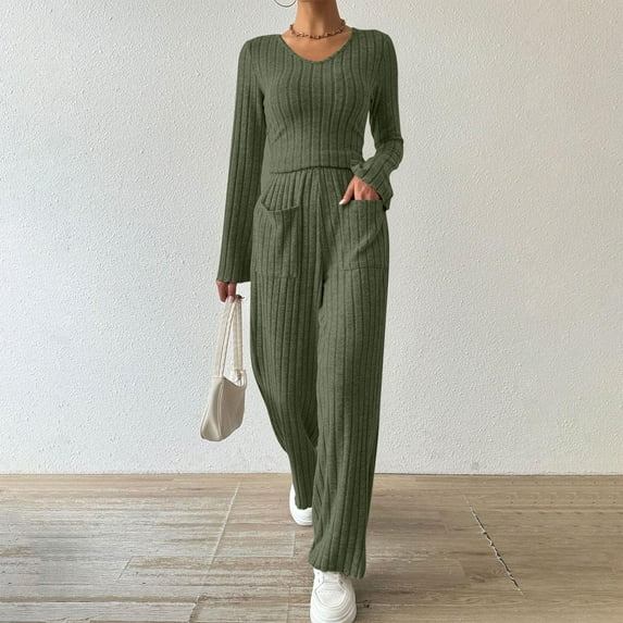 Womens Fashion New Solid Color V-neck Top+Long Pants Set with Pockets Casual Stripe Home Clothes Two-piece Set Long Sleeved V-neck Top Set All-Day Comfort Attire