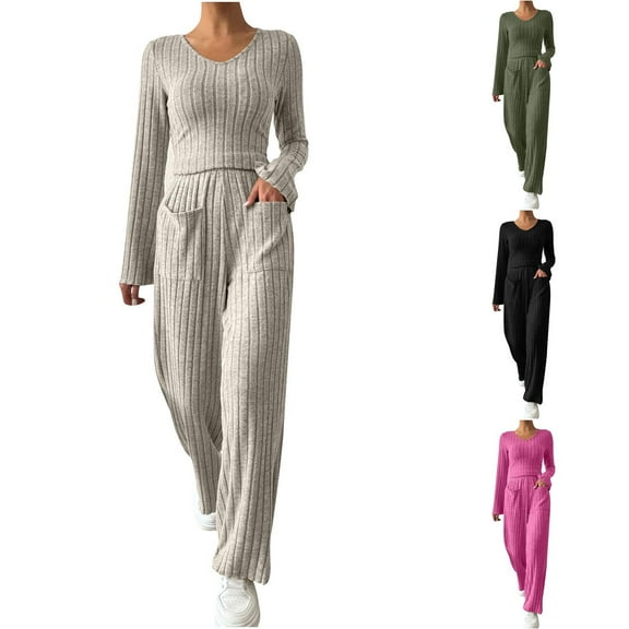 Womens Fashion New Solid Color V-neck Top+Long Pants Set with Pockets Casual Stripe Home Clothes Two-piece Set Long Sleeved V-neck Top Set All-Day Comfort Attire