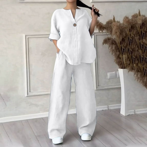Womens Fashion New Spring/Summer Solid Color V-Neck Casual Long Sleeve Pocket Wide Leg Pantsuit All-Day Comfort Attire