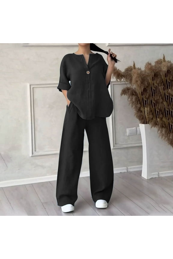 Womens Fashion New Spring/Summer Solid Color V-Neck Casual Long Sleeve Pocket Wide Leg Pantsuit All-Day Comfort Attire