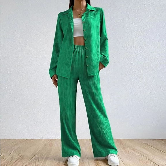 Womens Fashion New Spring/Summer Solid Color V-Neck Casual Long Sleeve Pocket Wide Leg Pantsuit Sleek Casual Wear