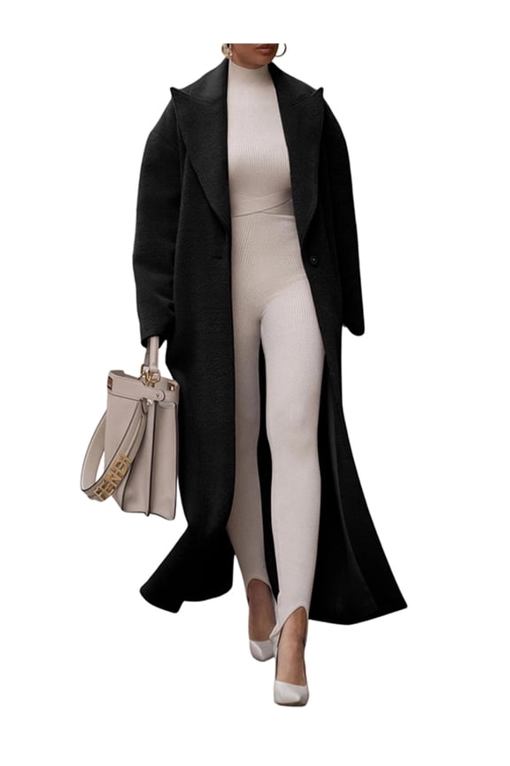 Womens Fashion Notched Lapel Single Breasted Open Front Maxi Long Trench Coat Overcoat with Pockets Black L