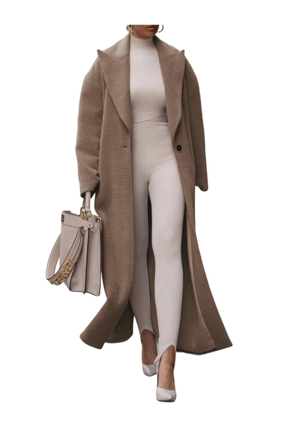 Womens Fashion Notched Lapel Single Breasted Open Front Maxi Long Trench Coat Overcoat with Pockets Khaki M