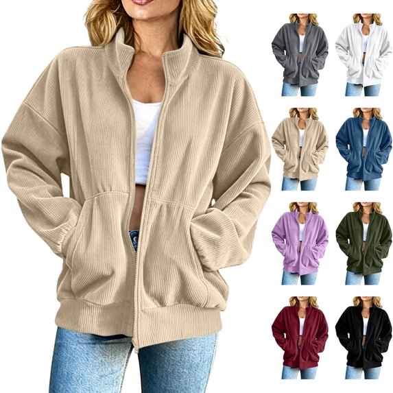 Womens Fashion Outerwear Corduroy Zip Up Jacket Oversized Stand Collar Casual Coat Long Sleeve Outerwear with Pockets XL