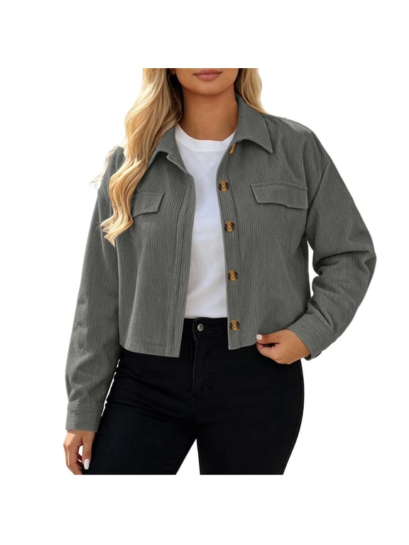 Womens Fashion Outerwear Solid Color Corduroy Cropped Jacket Casual Long Sleeve Button Down Shacket Coat XXL