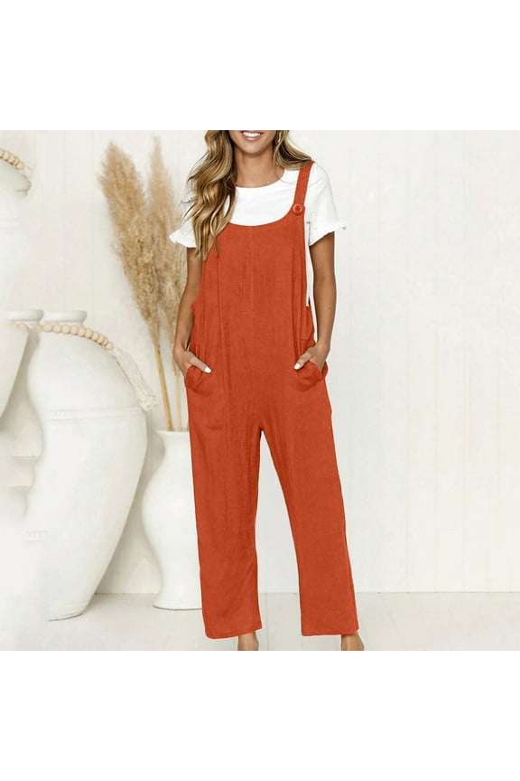 Plus Size Linen Jumpsuits Overalls for Women with Pockets Summer Bib Pants Baggy Rompers Wide Leg Casual Pants