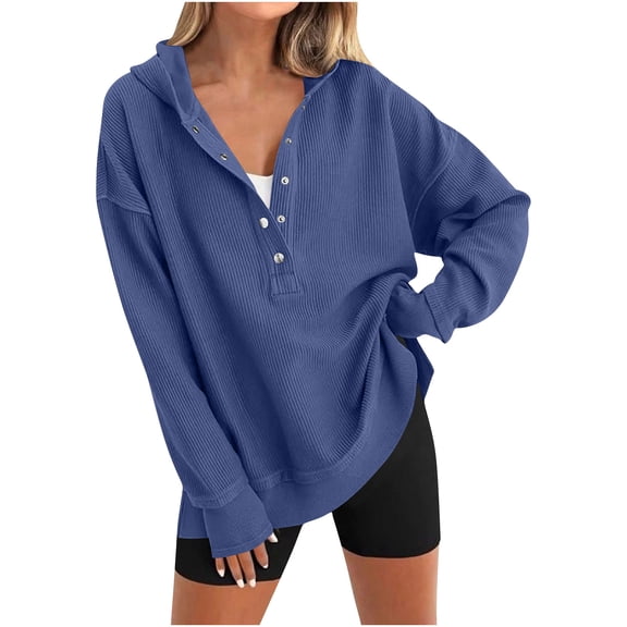 Womens Fashion Oversized Long Sleeve Hoodie Button Down V Neck Sweater Side Slit Casual Pullover Tops
