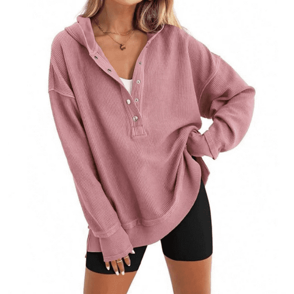 Womens Fashion Oversized Long Sleeve Hoodie Button Down V Neck Sweatshirt Side Slit Casual Pullover Tops