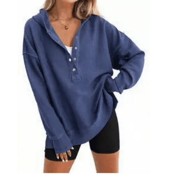 Womens Fashion Oversized Long Sleeve Hoodie Button Down V Neck Sweatshirt Side Slit Casual Pullover Tops