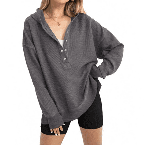 Womens Fashion Oversized Long Sleeve Hoodie Button Down V Neck Sweatshirt Side Slit Casual Pullover Tops