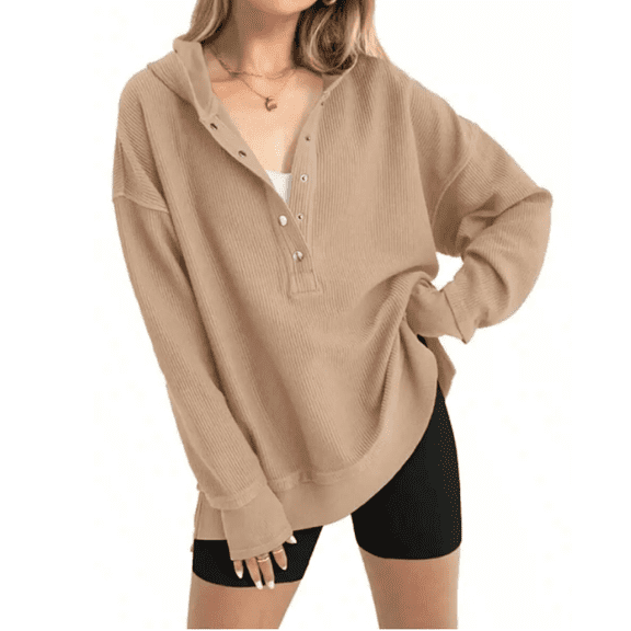 Womens Fashion Oversized Long Sleeve Hoodie Button Down V Neck Sweatshirt Side Slit Casual Pullover Tops