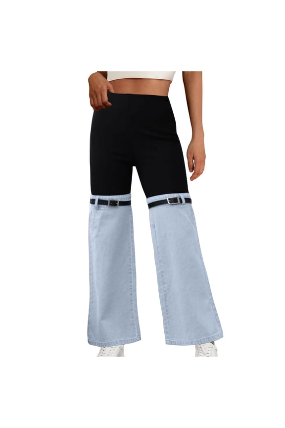 Womens Fashion Pants Ribbed Knit Belt Patchwork Denim Bell Bottom Jeans High Rise Flared Trousers Y2k Clothes (XL, Blue)