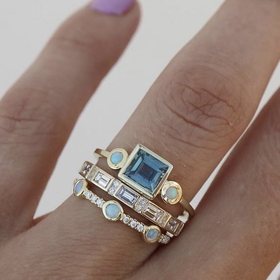 Womens Fashion Personalized Gemstone Alloy Ring Set, Electroplated Imitation Gold, 3-Piece Set