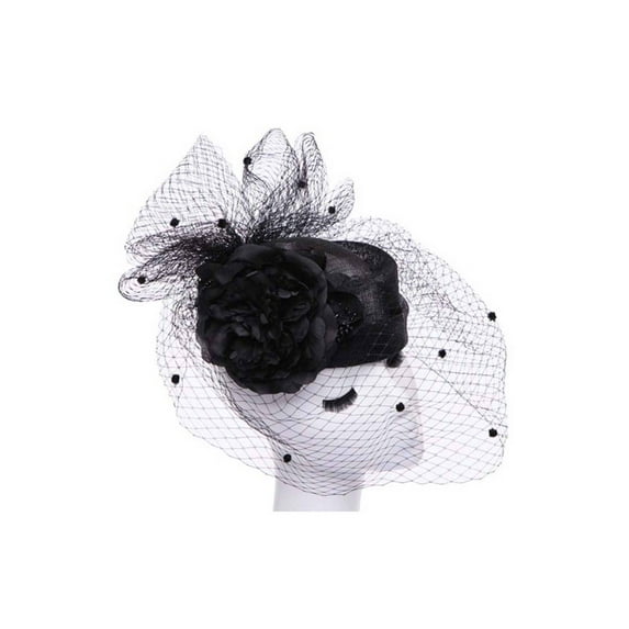 Womens Fashion Pill Box Floral Hat w/ Veil - Black