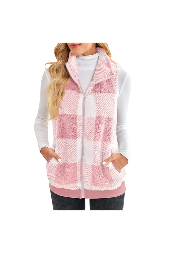 Womens Fashion Plaid Fleece Vests Casual Fuzzy Sleeveless Zip up Jacket Winter Warm Outerwear with Pockets New Light Jackets for Women Casual Pinky S