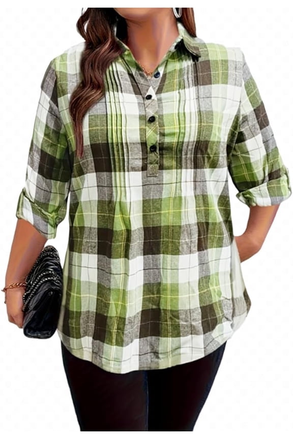 Womens Fashion Plaid Shirts Roll Up Long Sleeve Collared Button Down Blouses
