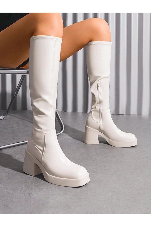 Womens Fashion Platform Chunky Heel Knee-High Boots with Square Toe Side Zipper - Solid Color Y2K Style for Autumn/Winter 2026