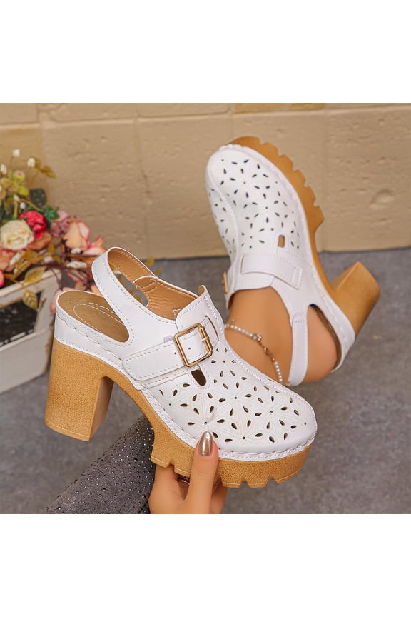 Womens Fashion Platform Clogs Perforated PU Faux Leather Chunky Heel Mules with Adjustable Strap Breathable Comfort Summer Shoes White Size 6-10,Size 40