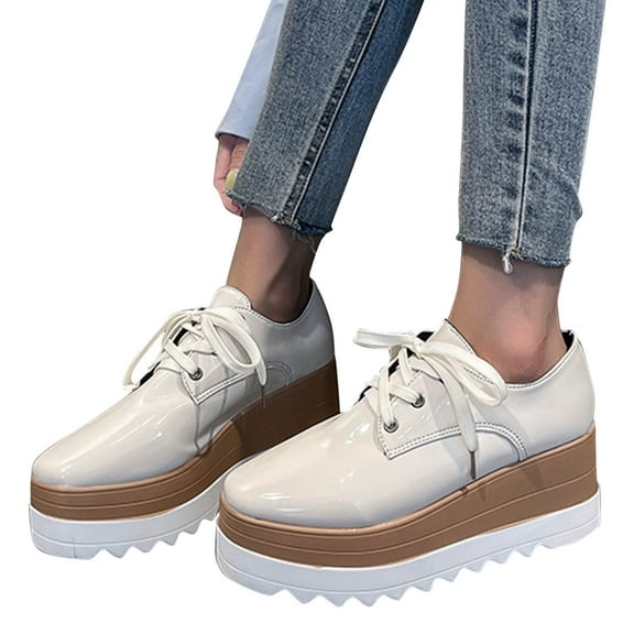 Womens Fashion Platform Shoes Casual Faux Leather Lace up Shoes Non Slip Slip On Comfortable Shoes