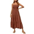 thumbnail image 1 of Womens Fashion Pleated Boho Tube Long Dress Summer Trendy Olyvenn Camis Sleeveless Prom Dress Trendy Off Shoulder Elegant Solid Sundress Smocked Tiered Beach Loose Casual Smocked Brown 10, 1 of 9