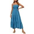 thumbnail image 1 of Womens Fashion Pleated Boho Tube Long Dress Summer Trendy Olyvenn Camis Sleeveless Prom Dress Trendy Off Shoulder Elegant Solid Sundress Smocked Tiered Beach Loose Casual Smocked Blue 6, 1 of 9