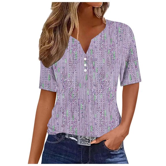 Womens Fashion Print Tops Short Sleeve Henley V Neck Shirts Casual Hollowed Out Tees Summer Loungewear Clothings