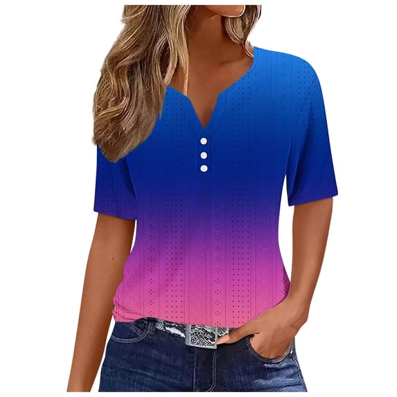 Womens Fashion Print Tops Short Sleeve Henley V Neck Shirts Casual Hollowed Out Tees Summer Loungewear Clothings