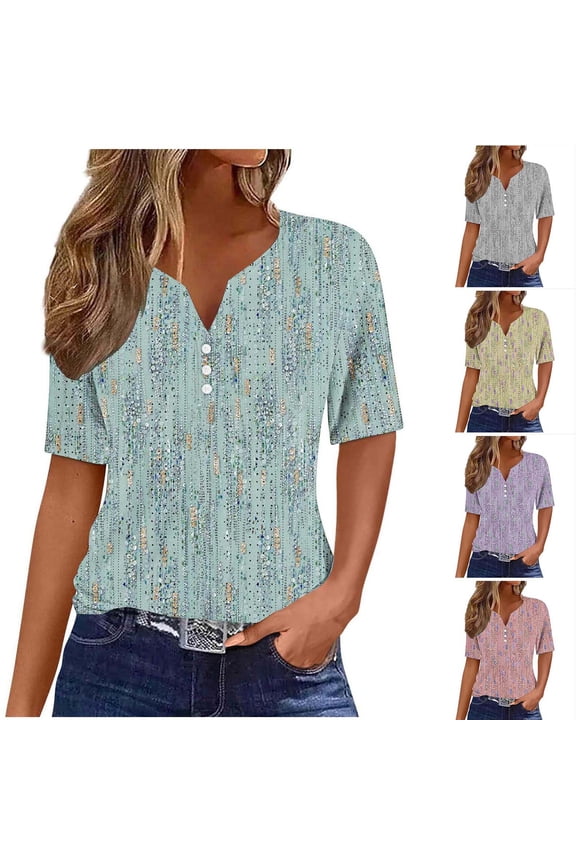 Womens Fashion Print Tops Short Sleeve Henley V Neck Shirts Casual Hollowed Out Tees Summer Loungewear Clothings