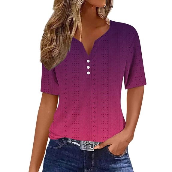 Womens Fashion Print Tops Short Sleeve Henley V Neck Shirts Casual Hollowed Out Tees Summer Loungewear Clothings